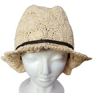 Lucky Brand Paper Straw Crochet Banded Bucket Summer Sun Packable Hat like NEW